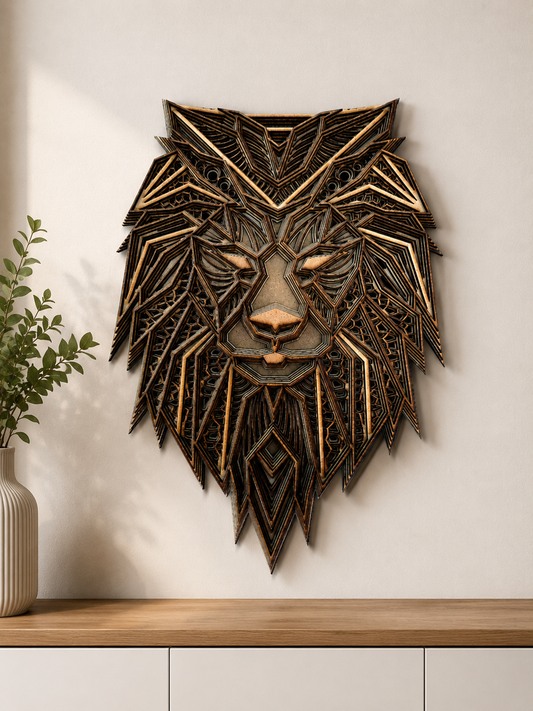 Cuadro de pared 3D de león de madera hecho a mano – Decoración de pared moderna