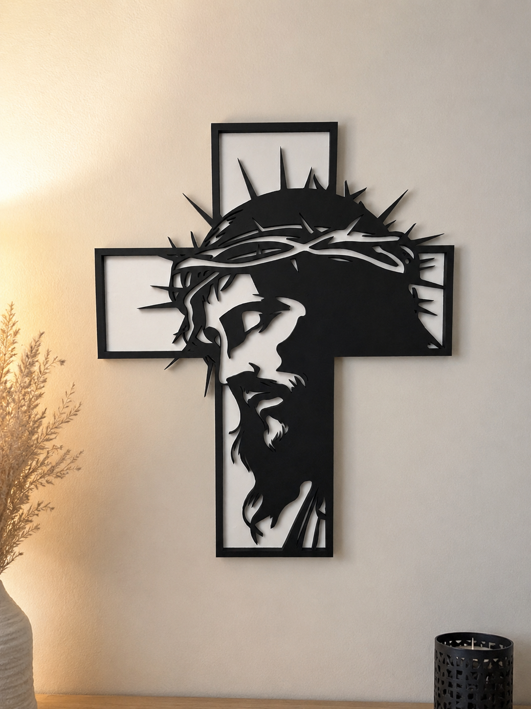 Décoration murale « Croix de Jésus » en bois – Design moderne noir et blanc
