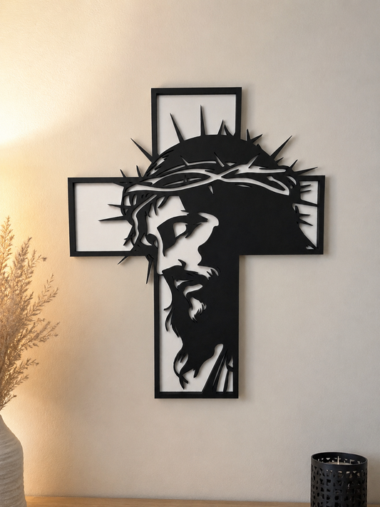 Decoración de pared «Jesús en la cruz» de madera – Diseño moderno en blanco y negro