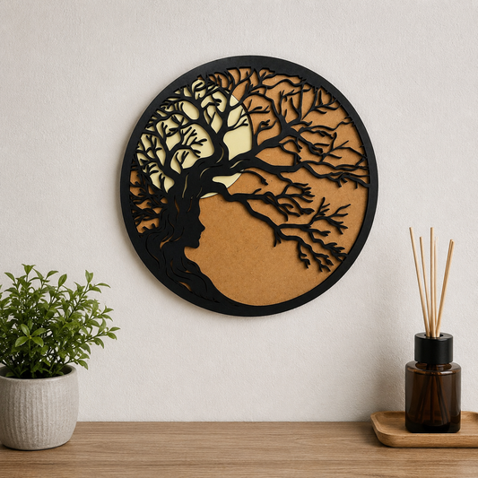 Decoración de pared Árbol de la Vida con mujer – Elegante cuadro de madera | Diseño Boho y moderno